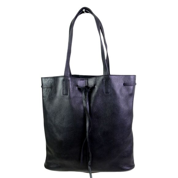 LARGE Gap BLACK GENUINE LEATHER TOTE CARRY ON DRAWSTRING SHOULDER BAG HANDBAG - Picture 1 of 13